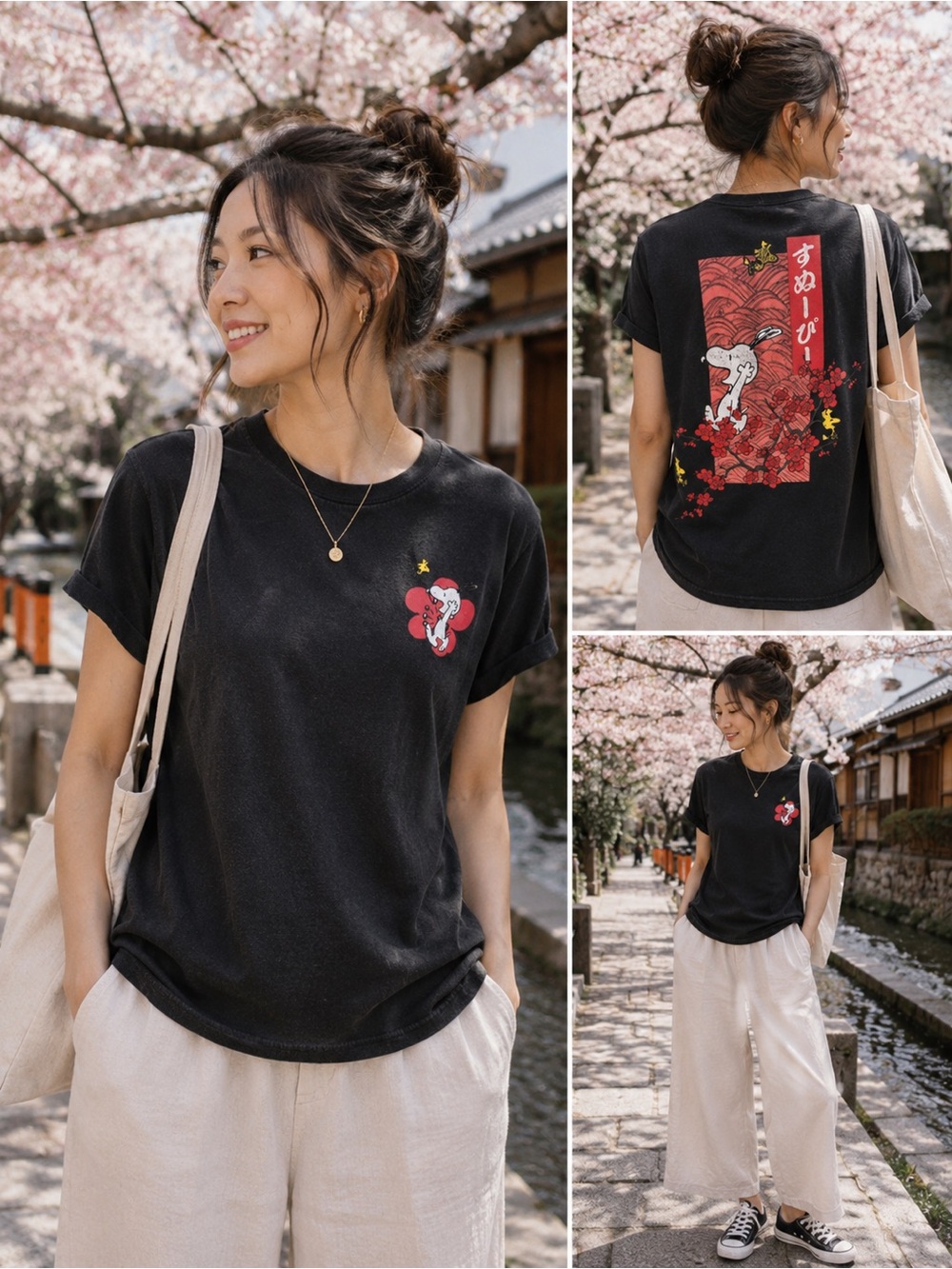 Pleasant Getaway Peanuts Snoopy Cherry Blossom Graphic Tee Black Size Small